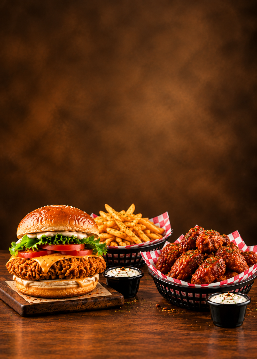 Halal fried chicken burger, seasoned fries and saucy wings